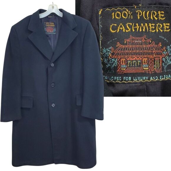 Vintage 100% Pure Cashmere Car Top Coat Mens 44" Chest Large Long Black Lined - Picture 1 of 15